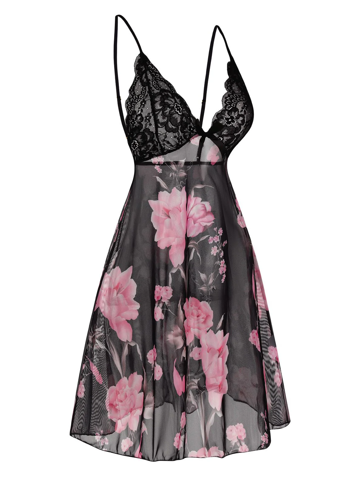 Schwarz 1960er Blumen Spitze Träger Nachthemd - Image 3