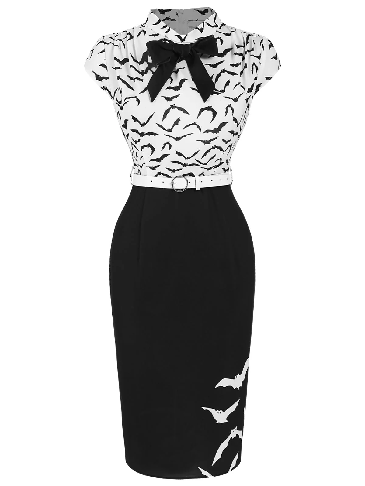 Schwarz 1960er Fledermäuse Bogen Revers Bleistiftkleid - Image 3