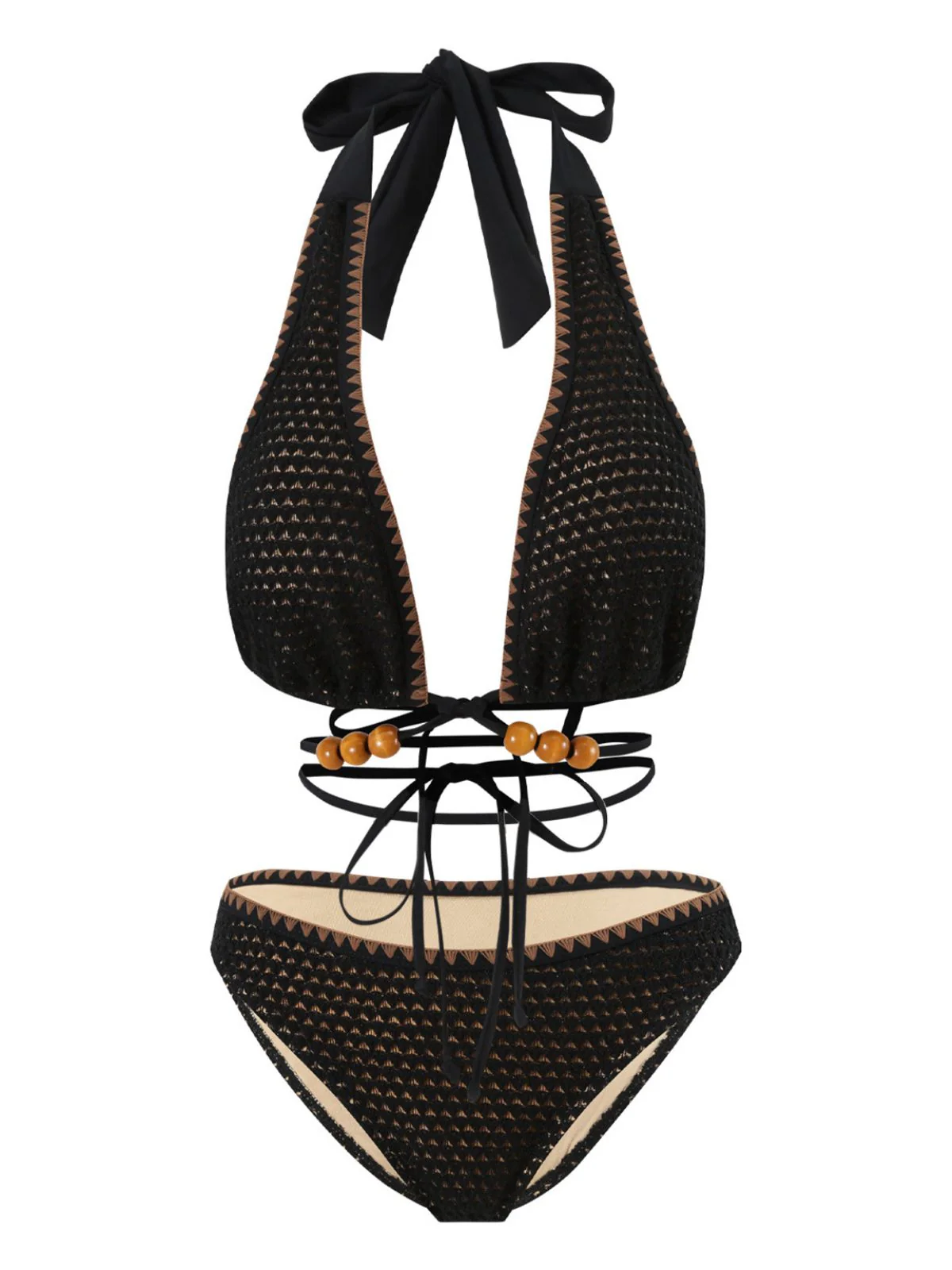 Schwarz 1960er Gestrickt Beaded Bikini Set