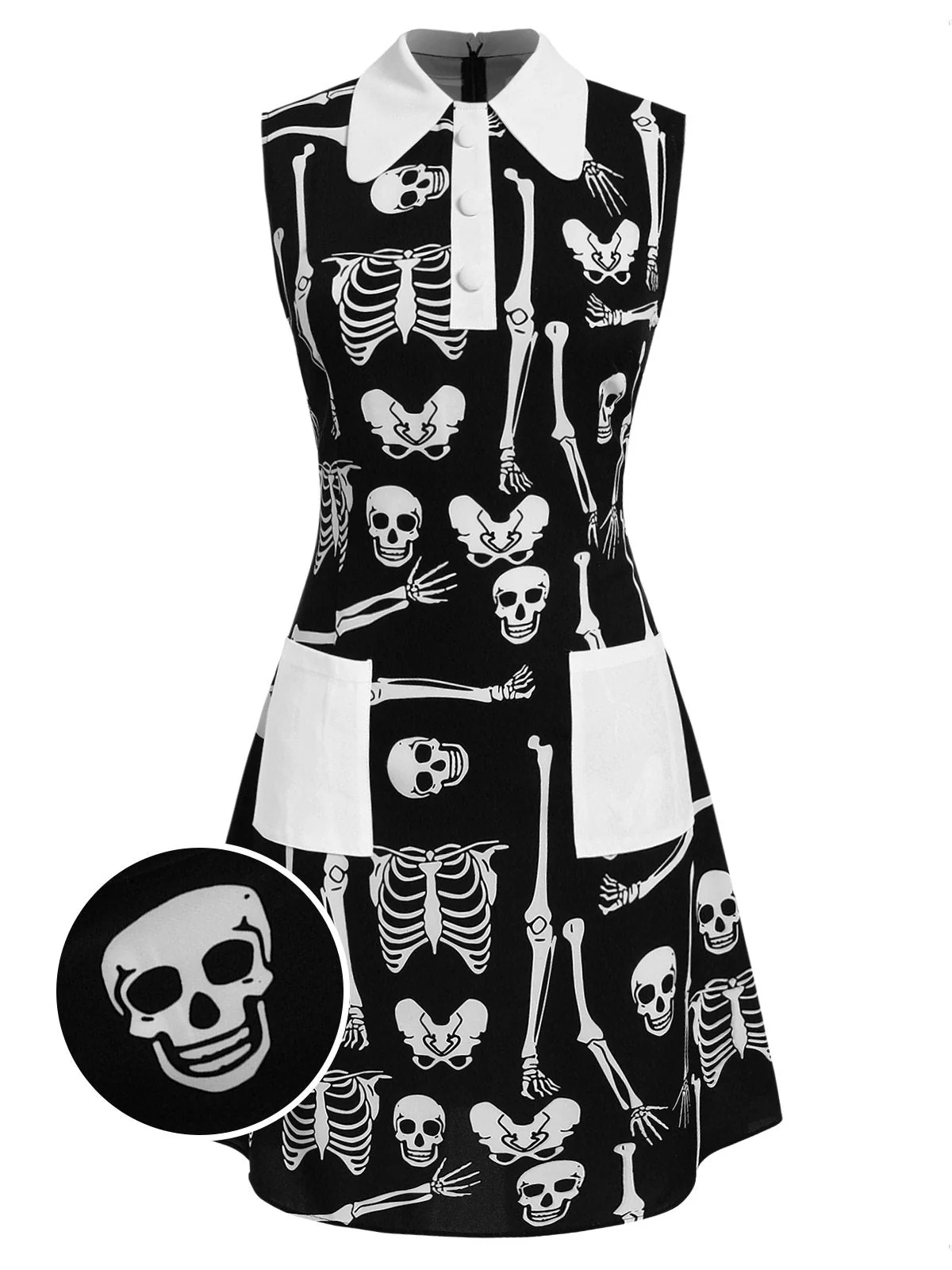 Schwarz 1960er Gothic Halloween Skelett Revers Mod Kleid - Image 3