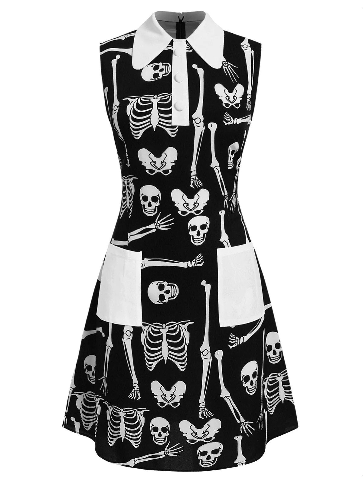 Schwarz 1960er Gothic Halloween Skelett Revers Mod Kleid - Image 4
