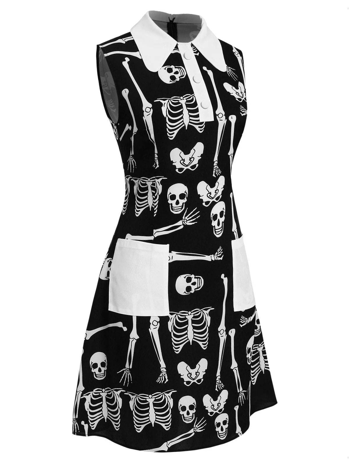 Schwarz 1960er Gothic Halloween Skelett Revers Mod Kleid - Image 5