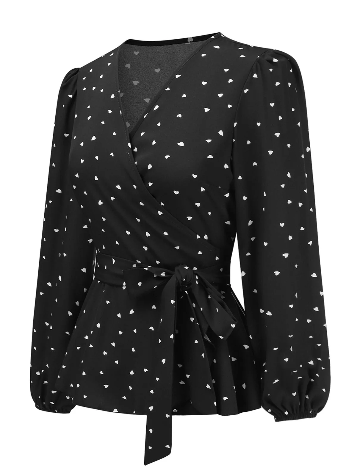 Schwarz 1960er Herze Dots V-Ausschnitt Gürtel Bluse - Image 2