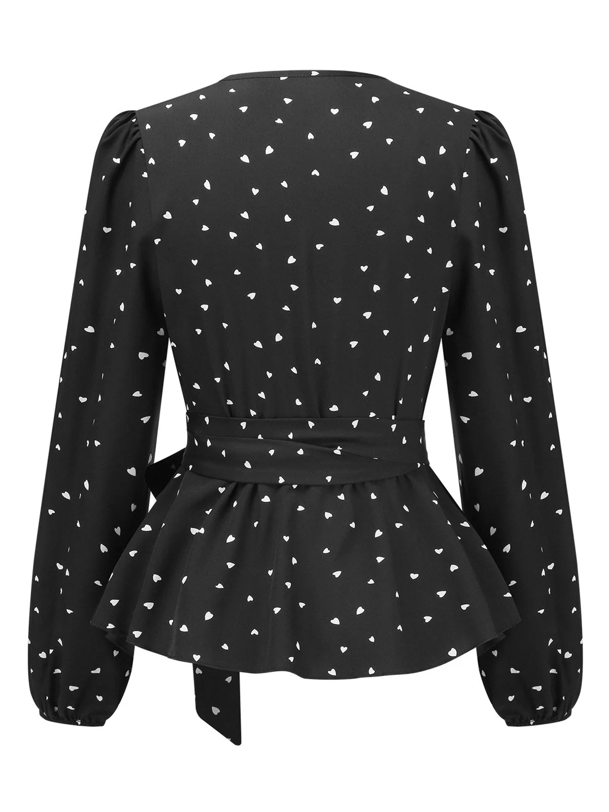 Schwarz 1960er Herze Dots V-Ausschnitt Gürtel Bluse - Image 3
