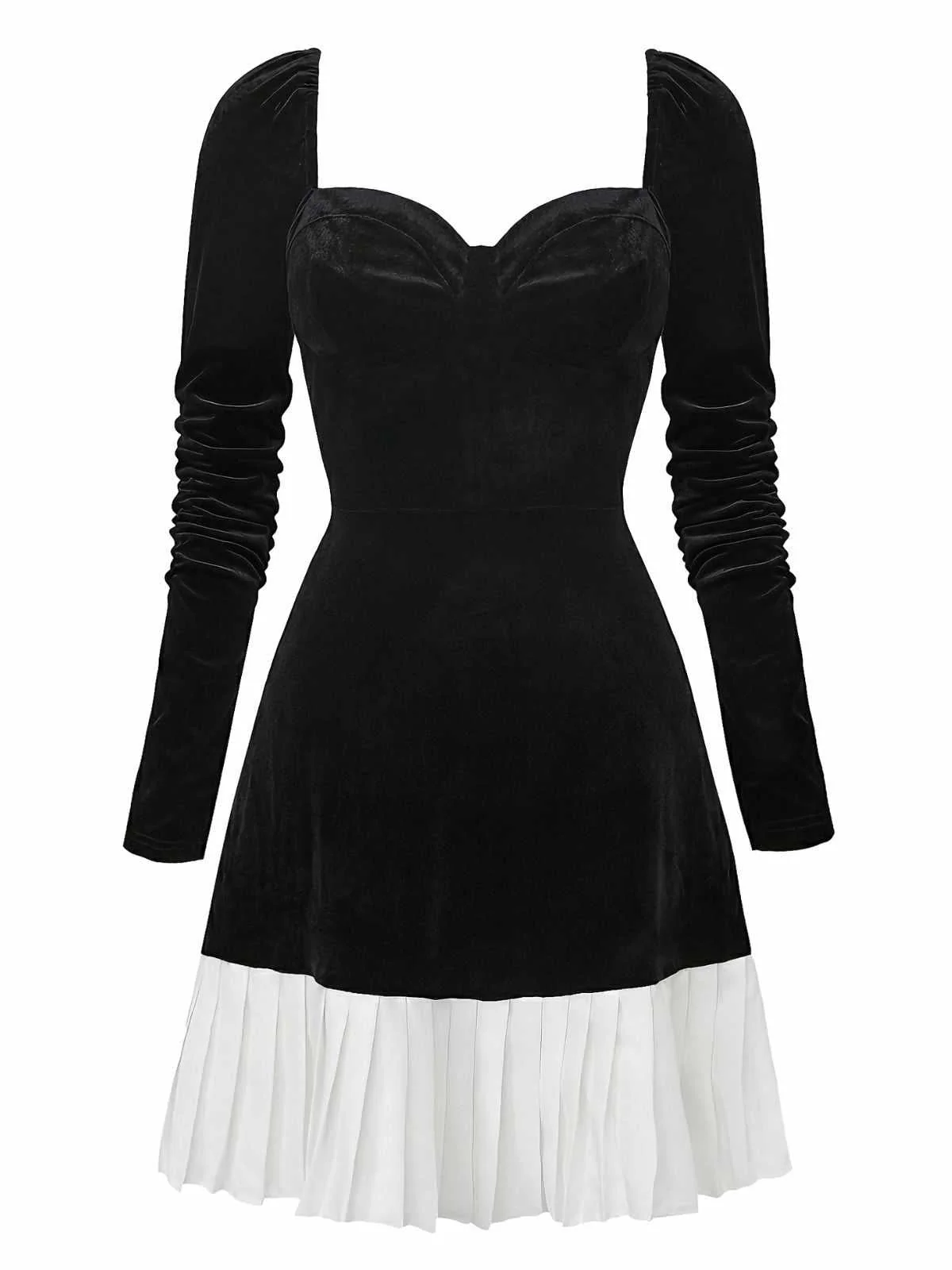 Schwarz 1960er Herzförmiger Hals Samt Plissiertes Saum Kleid - Image 2