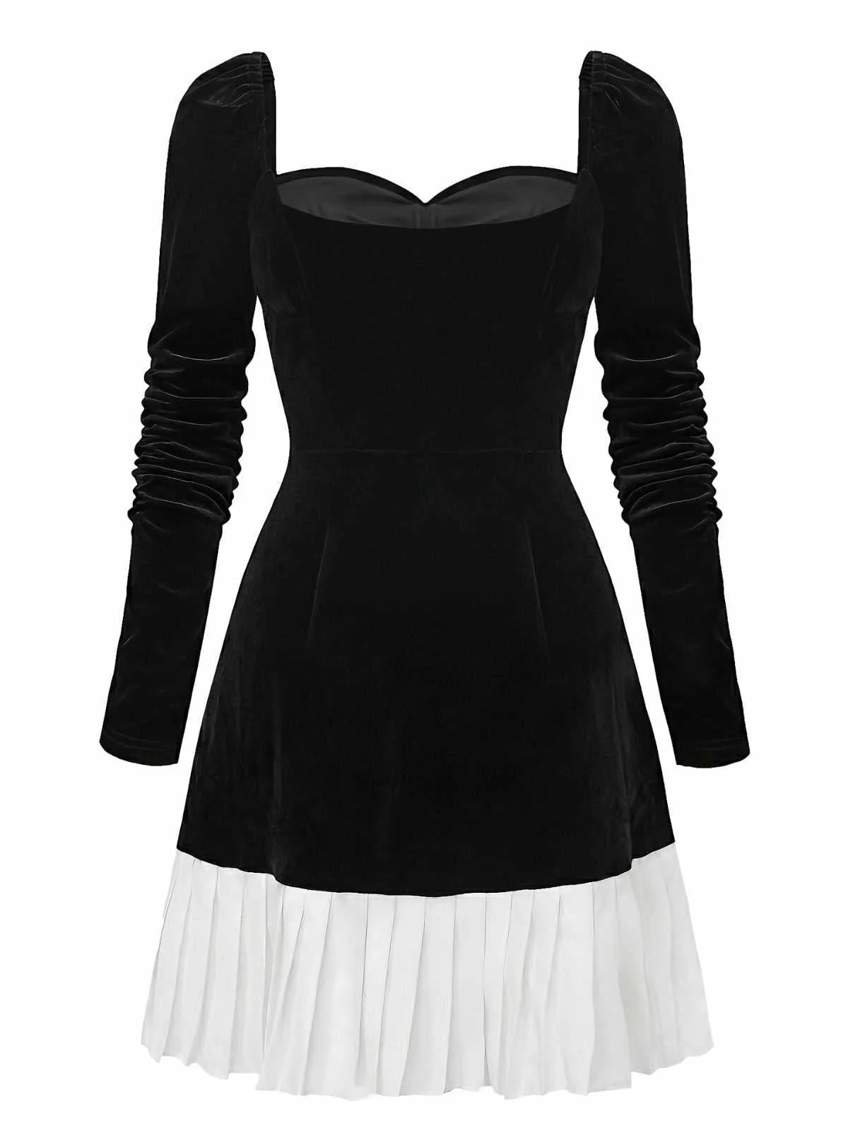 Schwarz 1960er Herzförmiger Hals Samt Plissiertes Saum Kleid - Image 3