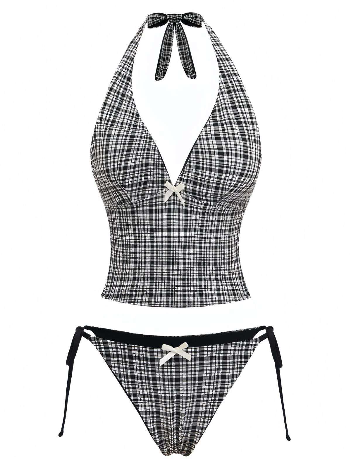 Schwarz 1960er Kariert Tief V Halter Tankini Set - Image 2