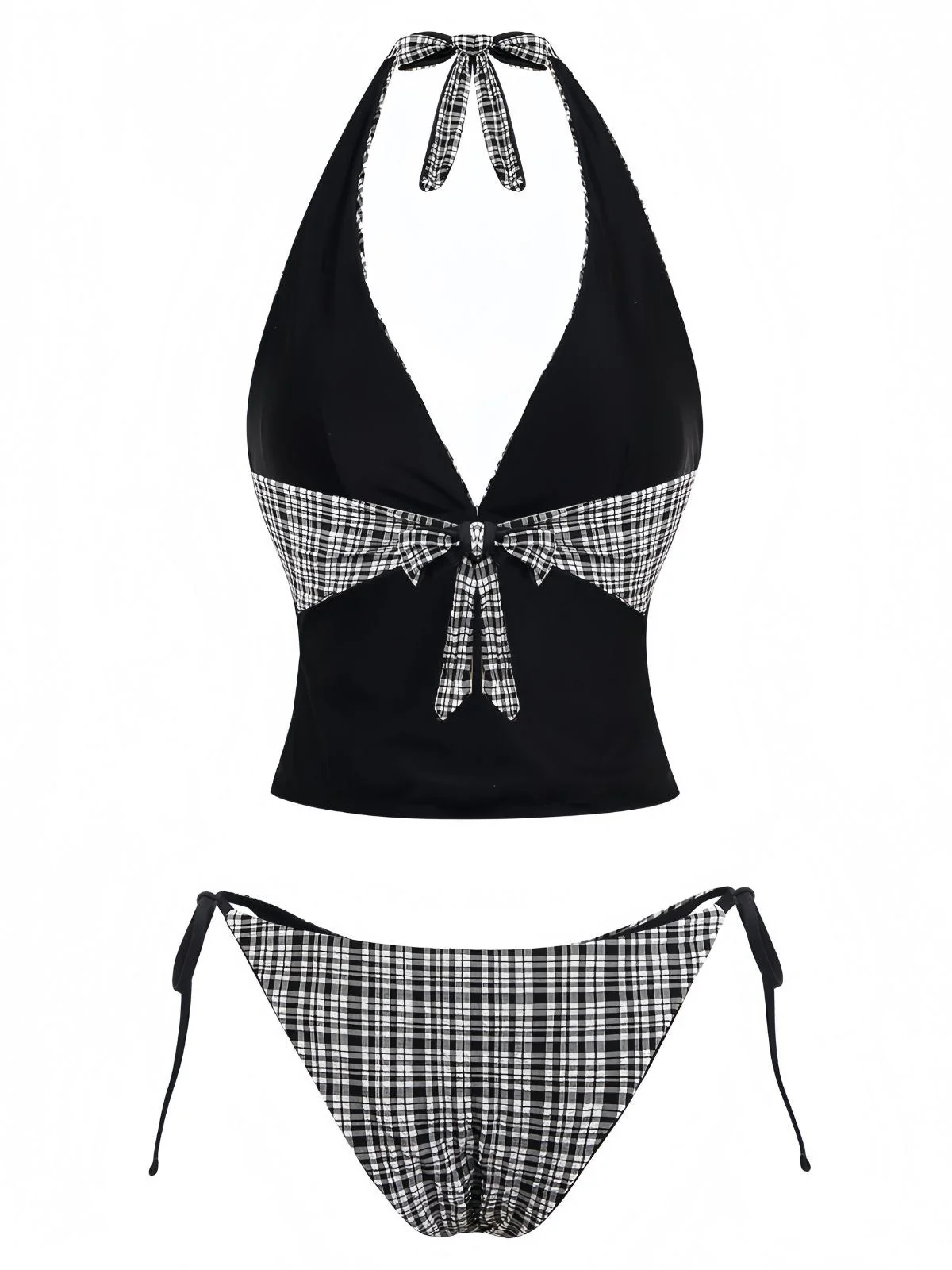 Schwarz 1960er Kariert Tief V Halter Tankini Set - Image 3