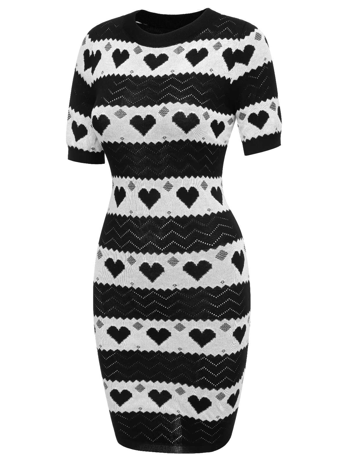 Schwarz 1960er kontrastierendes Herz-Strickkleid - Image 3