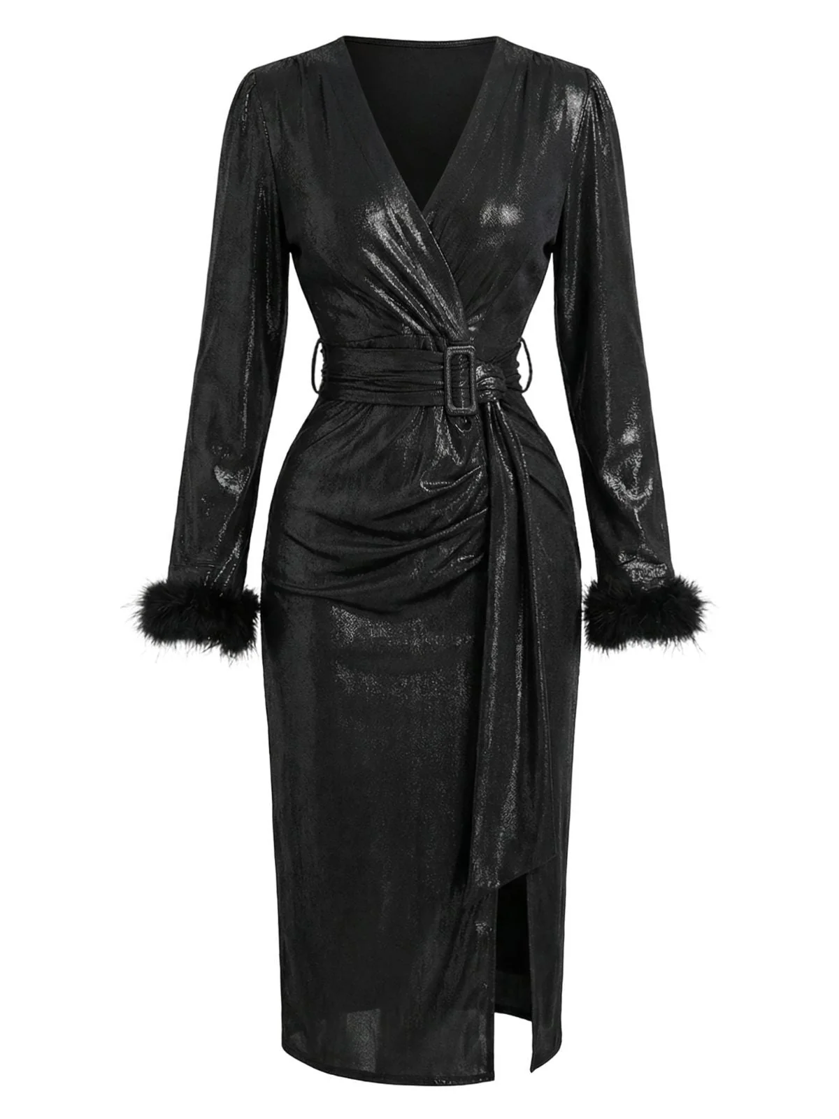 Schwarz 1960er Kunst Leder Gürtel Feder Ärmel Kleid - Image 3