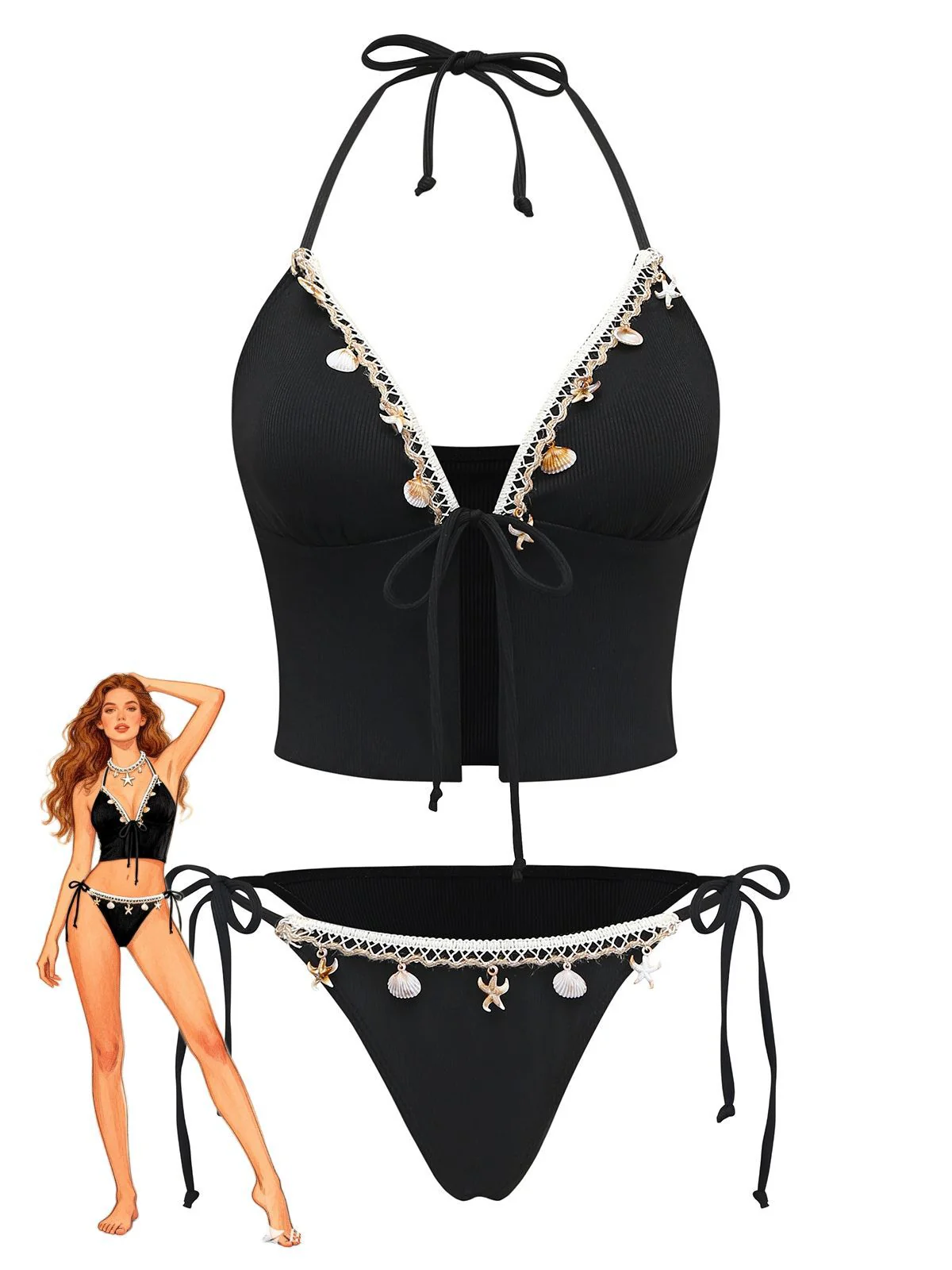 Schwarz 1960er Muschel Detail Gebunden Halter Tankini Set