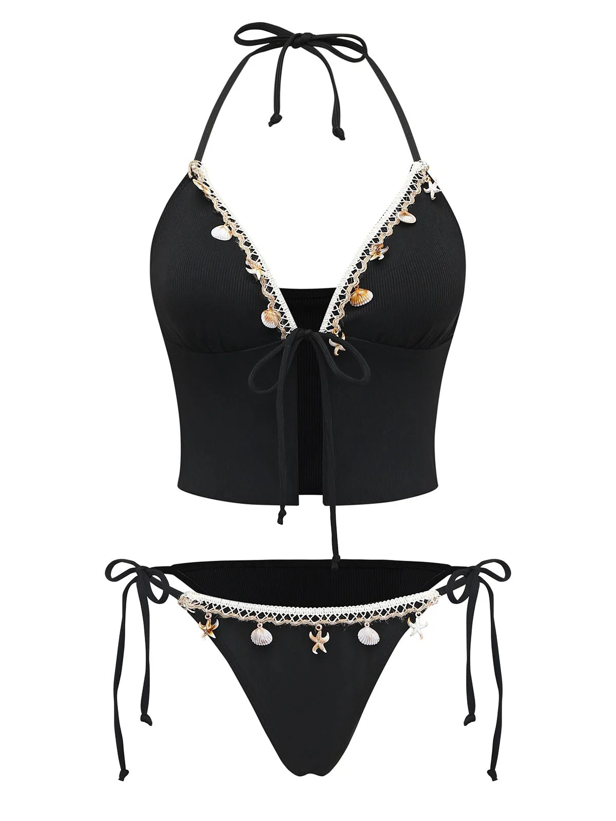 Schwarz 1960er Muschel Detail Gebunden Halter Tankini Set - Image 2