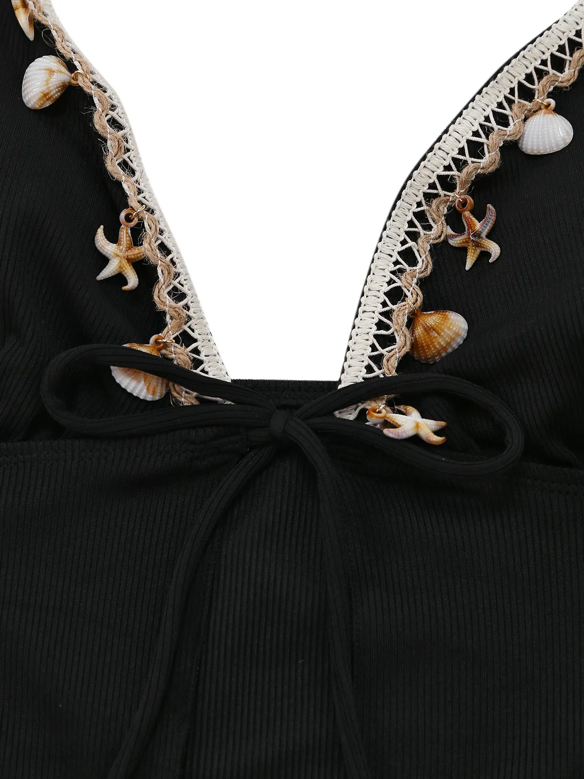 Schwarz 1960er Muschel Detail Gebunden Halter Tankini Set - Image 5