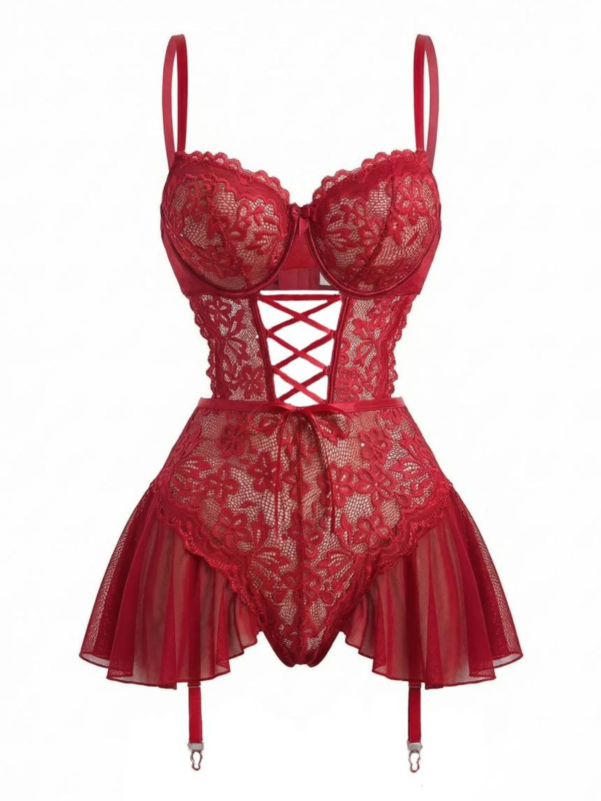 Rot 1960er Netz Spitze Nachthemd Mit Strumpfhalter Bänder - Image 6