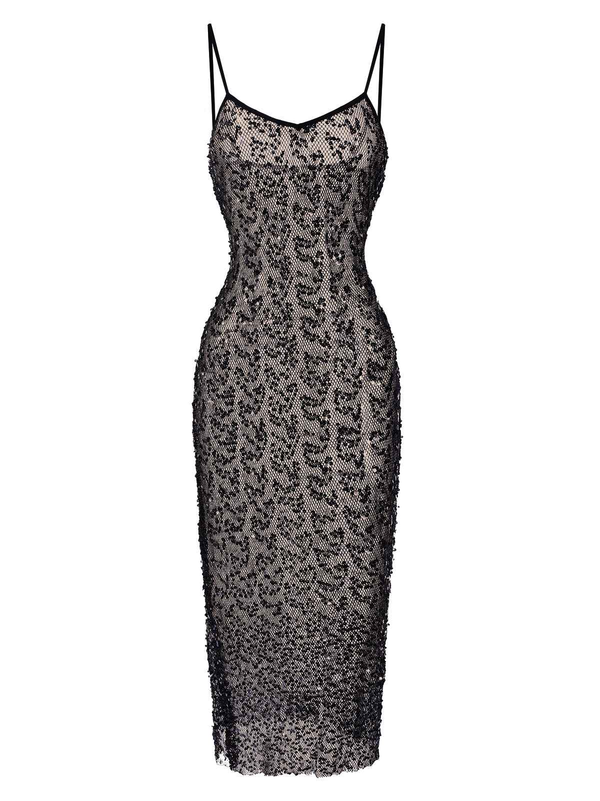 Schwarz 1960er Pailletten Spaghetti Träger Kleid