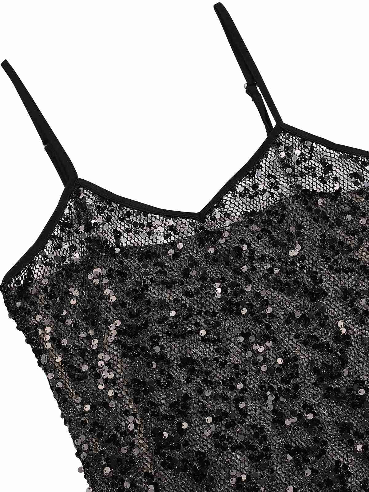 Schwarz 1960er Pailletten Spaghetti Träger Kleid - Image 4