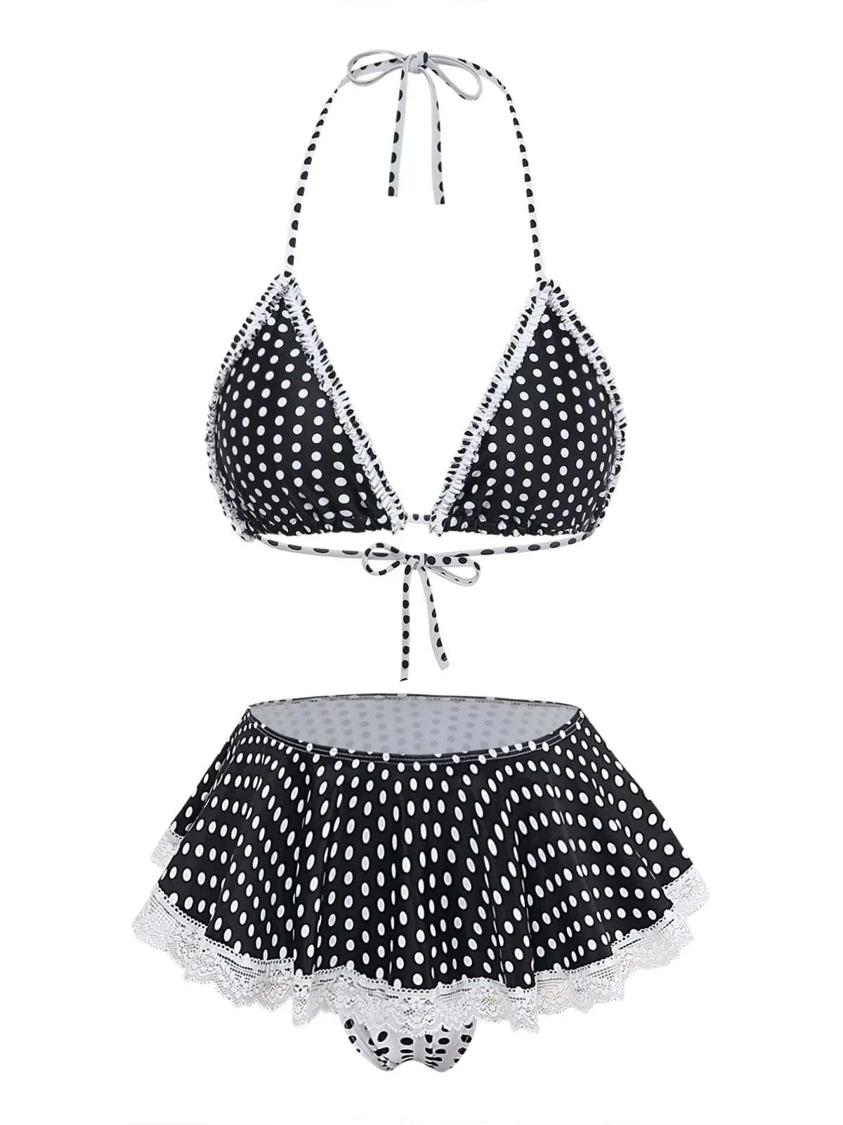 Schwarz 1960er Polka Dot Spitze Halter Bikini Set - Image 2