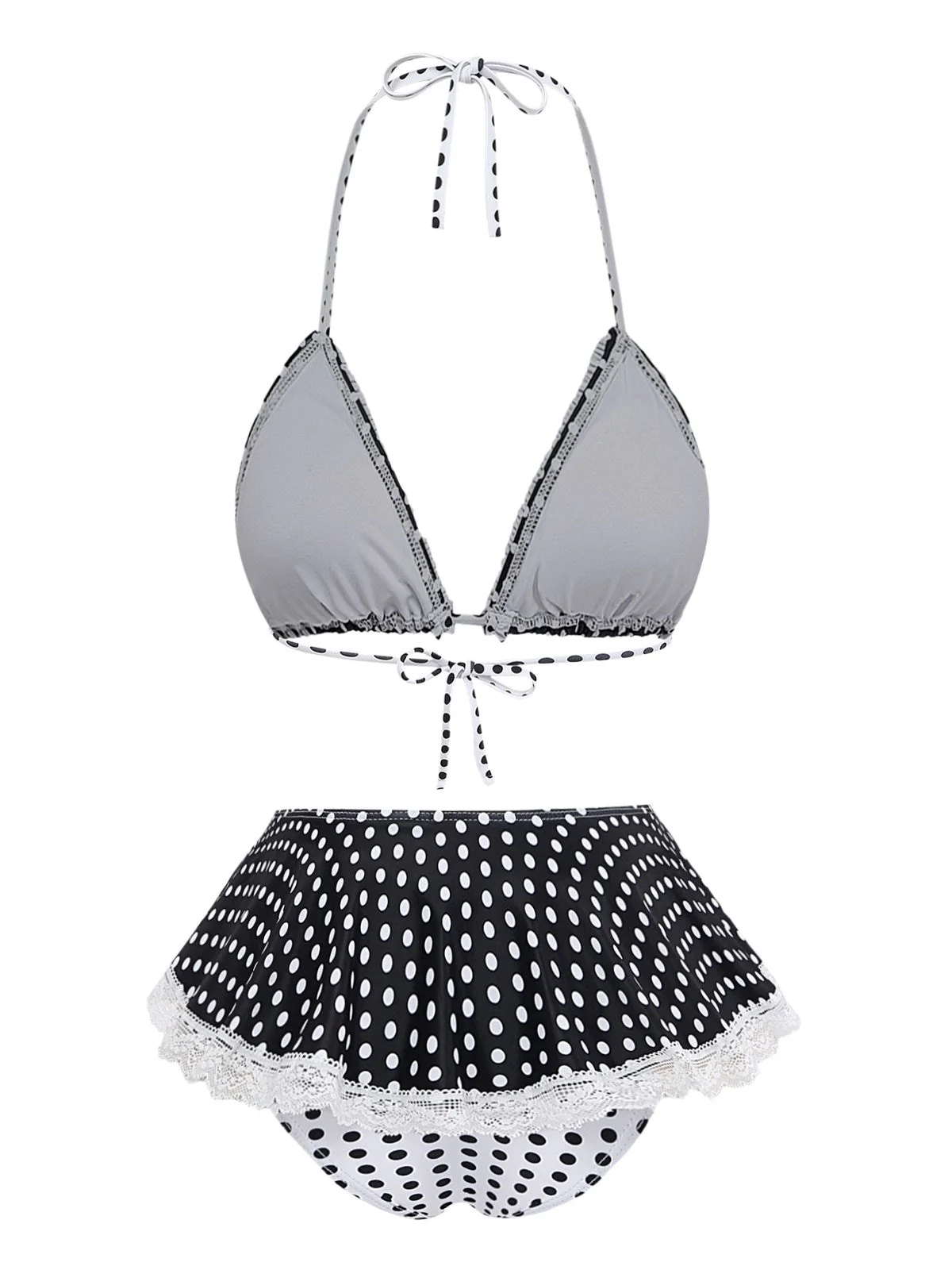 Schwarz 1960er Polka Dot Spitze Halter Bikini Set - Image 3