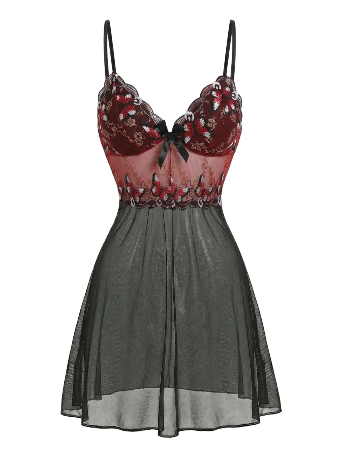 Schwarz 1960er Schmetterling Bestickt Bogen Netz Nachthemd - Image 5