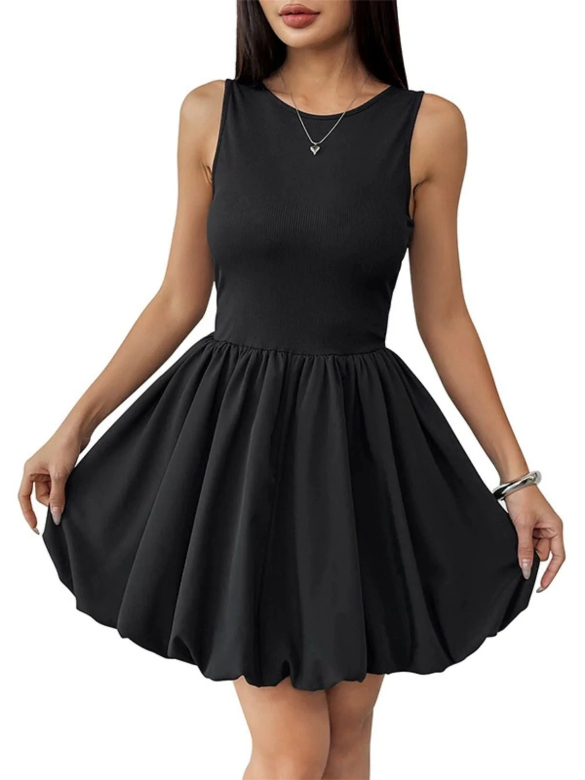 Schwarz 1960er Solide Ärmelloses Bubble Kleid - Image 2