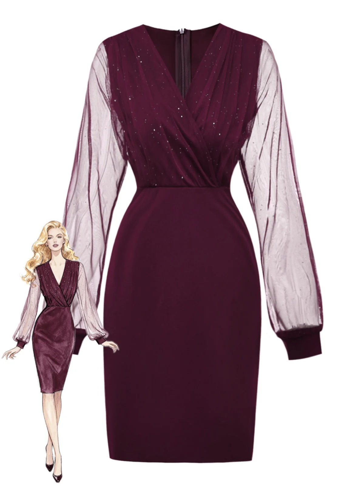 Schwarz 1960er Solide Glitzer V-Ausschnitt Netz Körperbetont Kleid - Image 3
