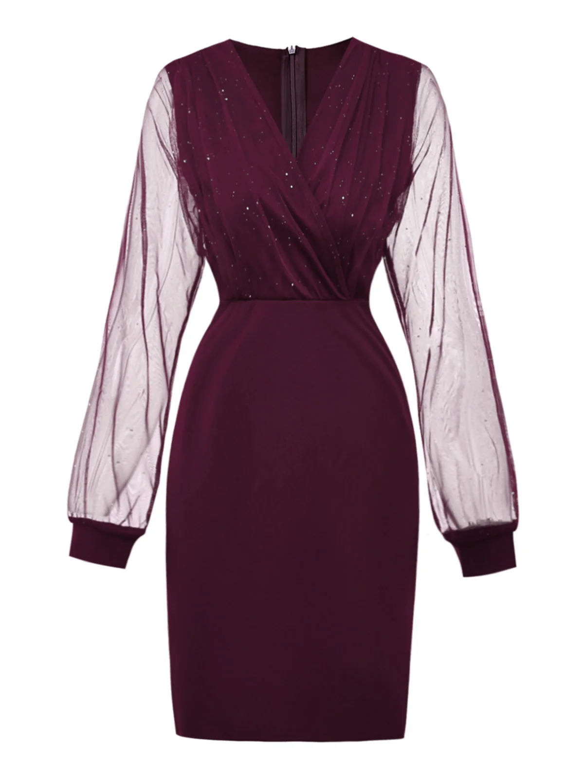 Schwarz 1960er Solide Glitzer V-Ausschnitt Netz Körperbetont Kleid - Image 4