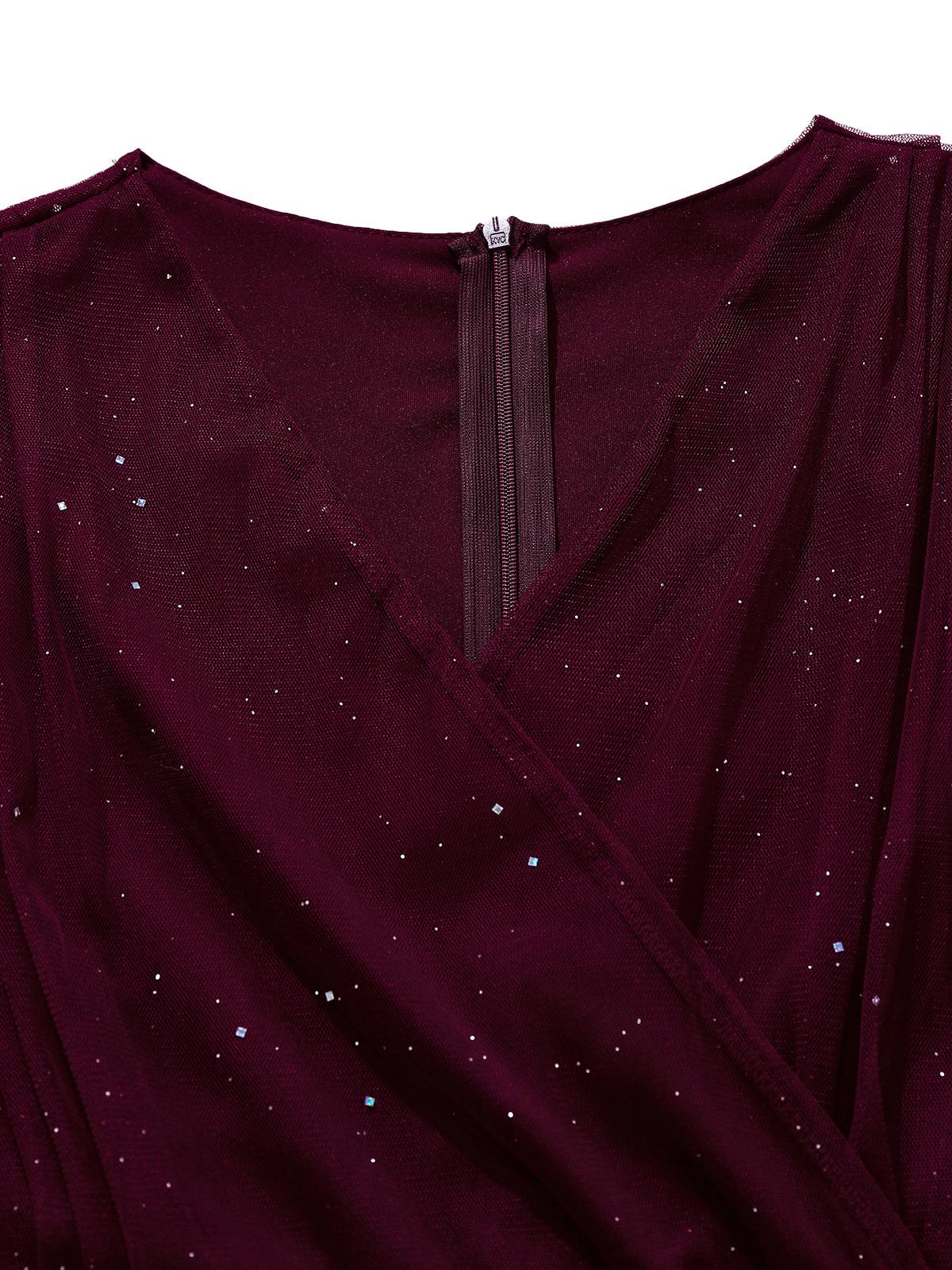 Schwarz 1960er Solide Glitzer V-Ausschnitt Netz Körperbetont Kleid - Image 6