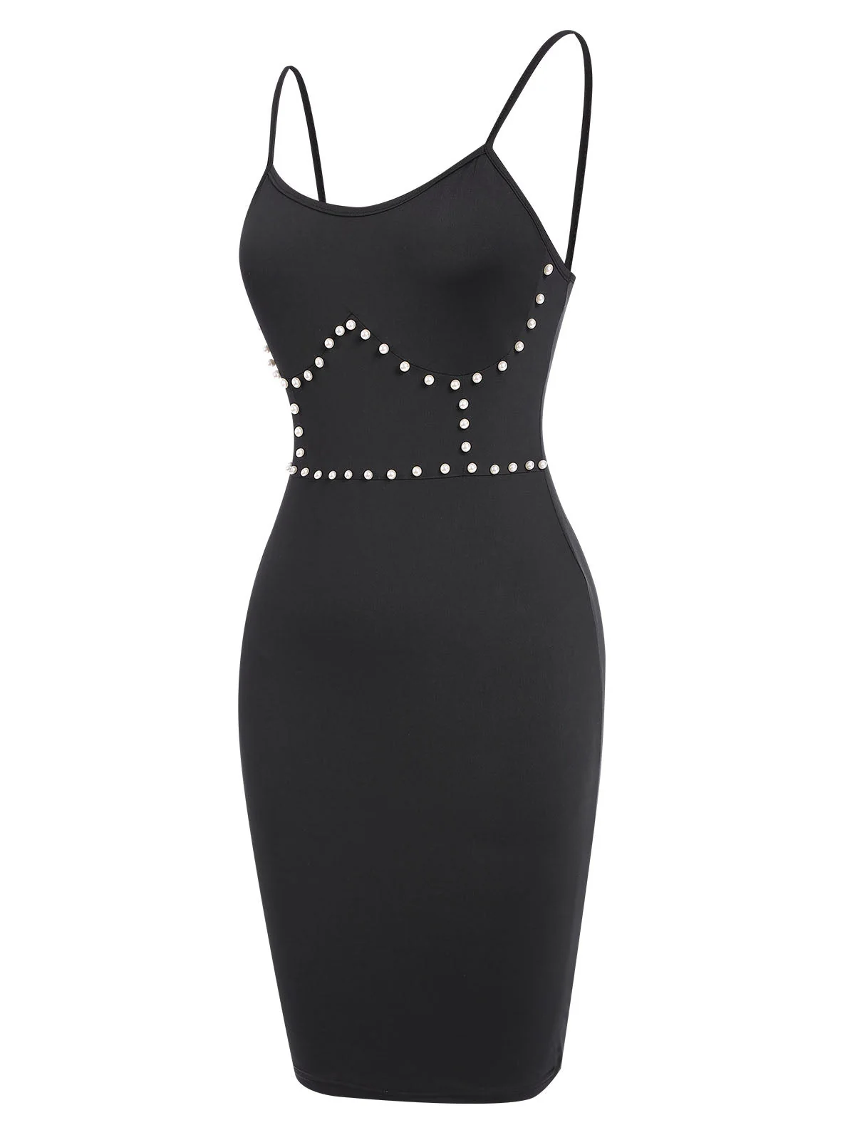 Schwarz 1960er Solide Perle Spaghetti Träger Kleid - Image 3