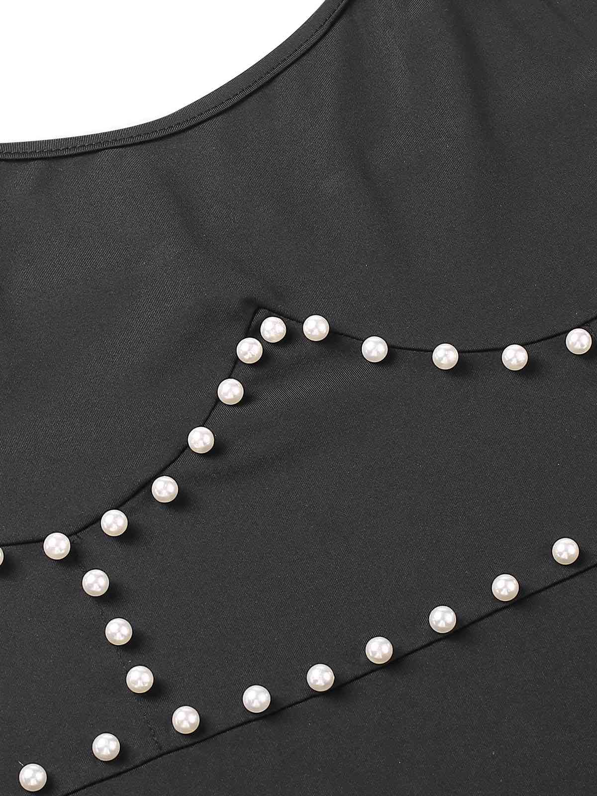 Schwarz 1960er Solide Perle Spaghetti Träger Kleid - Image 4
