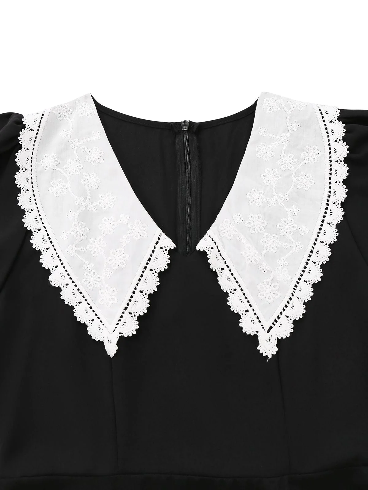 Schwarz 1960er Spitze Kragen Puffärmel Kleid - Image 2
