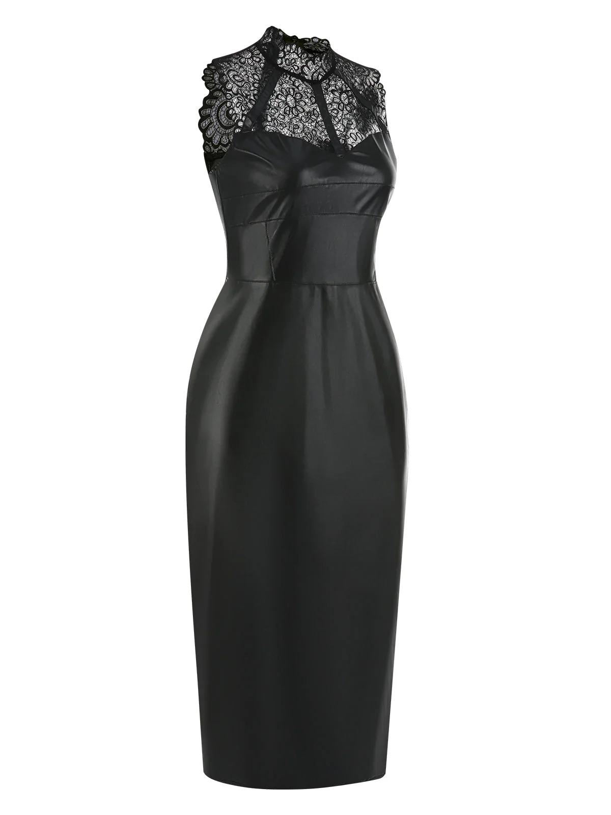 Schwarz 1960er Spitze PU-Leder Kleid - Image 3