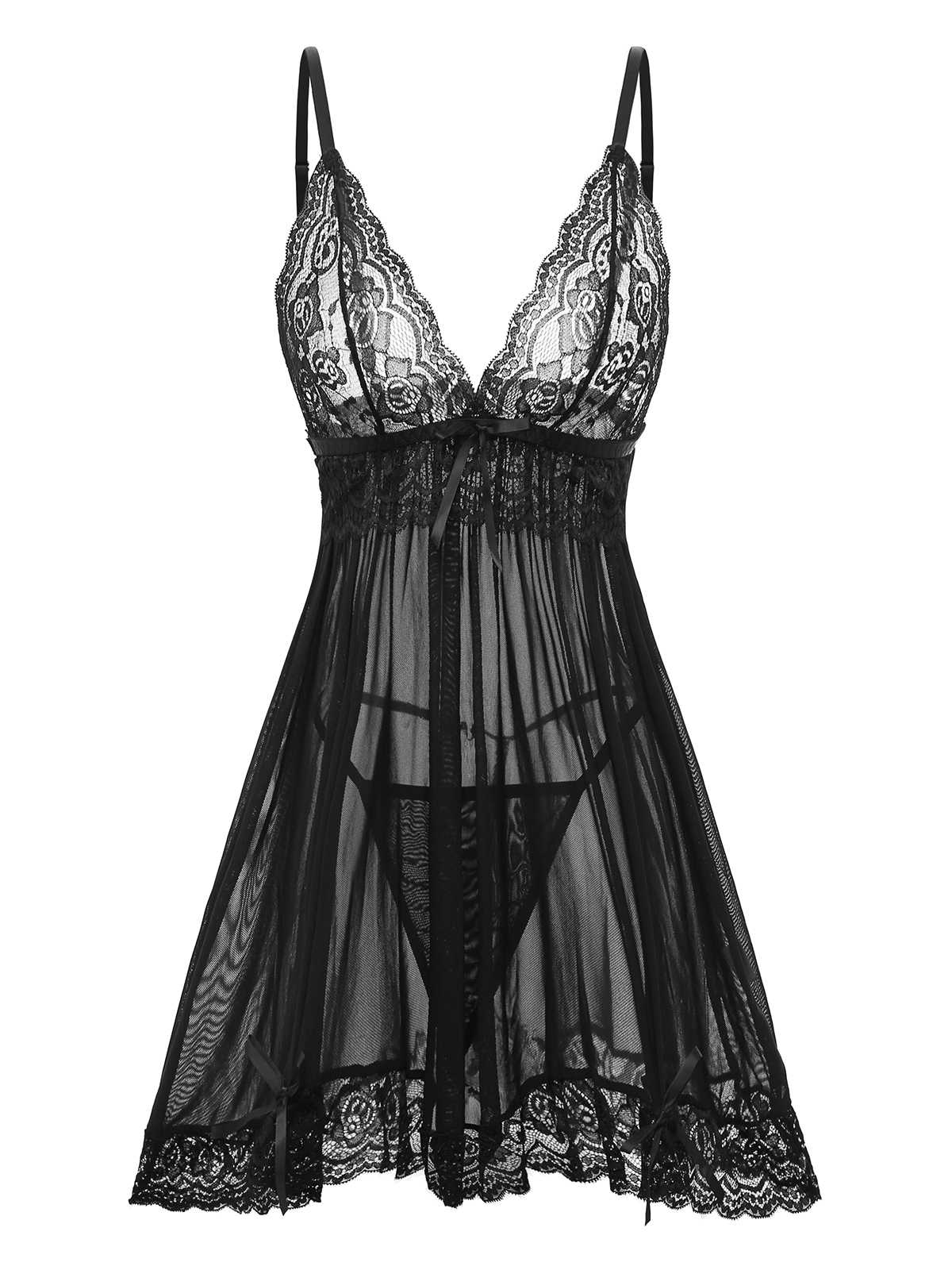 Schwarz 1960er Spitze Sheer Babydoll Dessous Set - Image 2