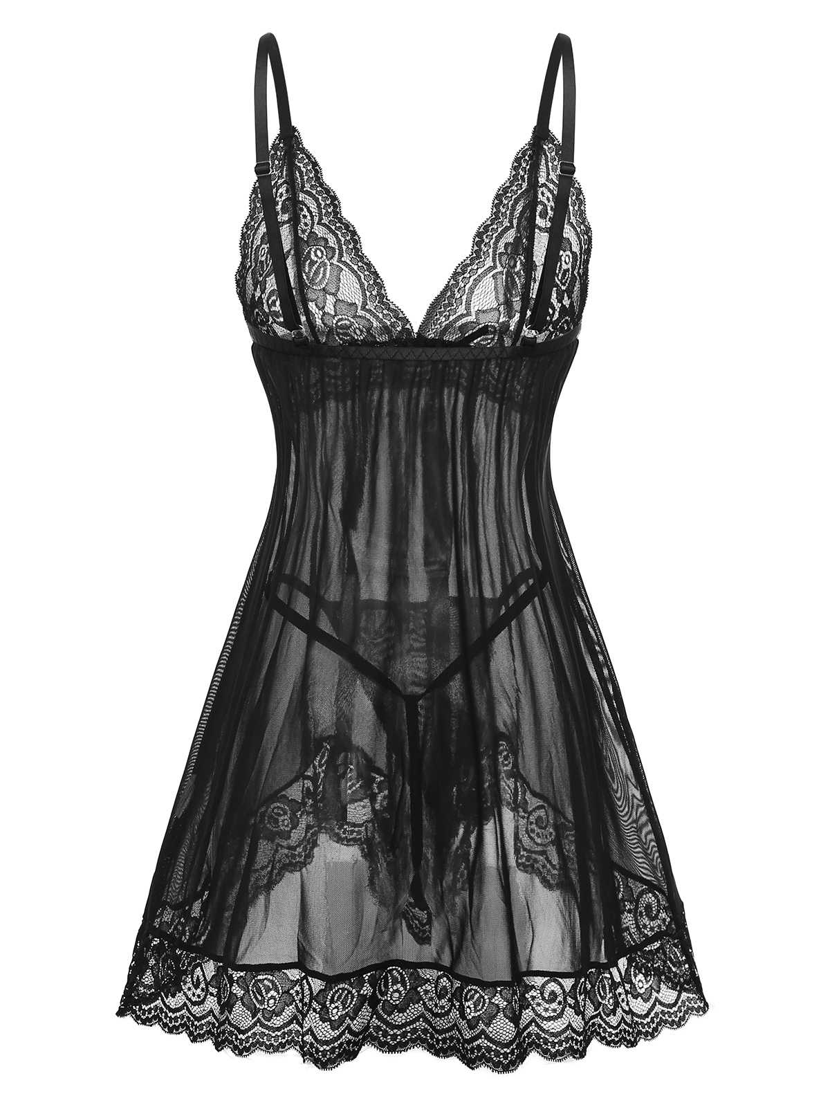 Schwarz 1960er Spitze Sheer Babydoll Dessous Set - Image 3
