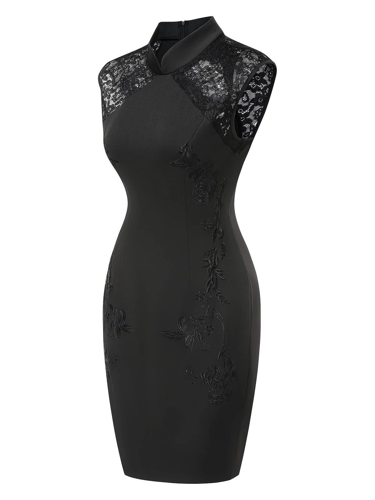 Schwarz 1960er Stehkragen Besticktes Blumen Bleistift Kleid - Image 2