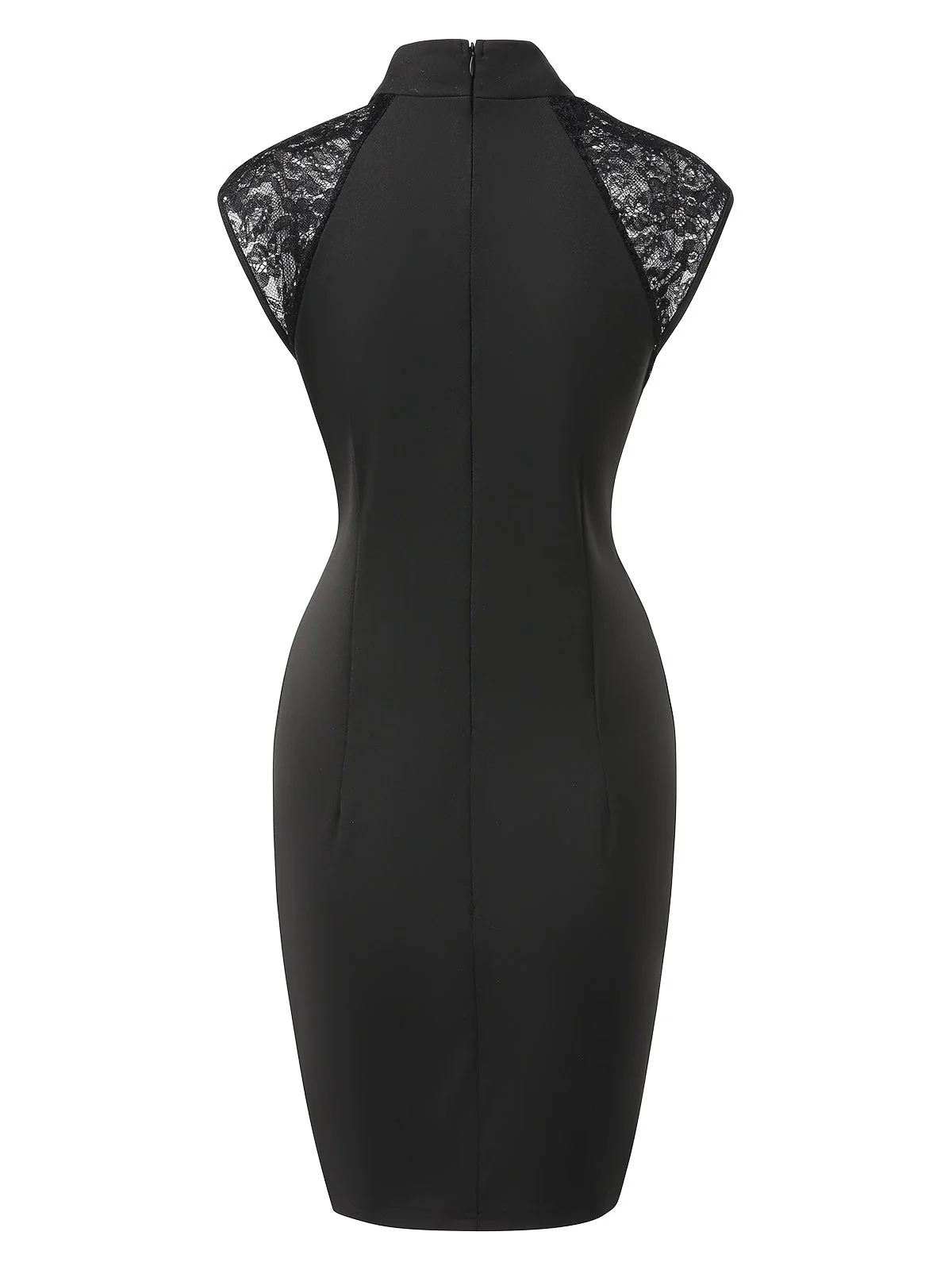 Schwarz 1960er Stehkragen Besticktes Blumen Bleistift Kleid - Image 3