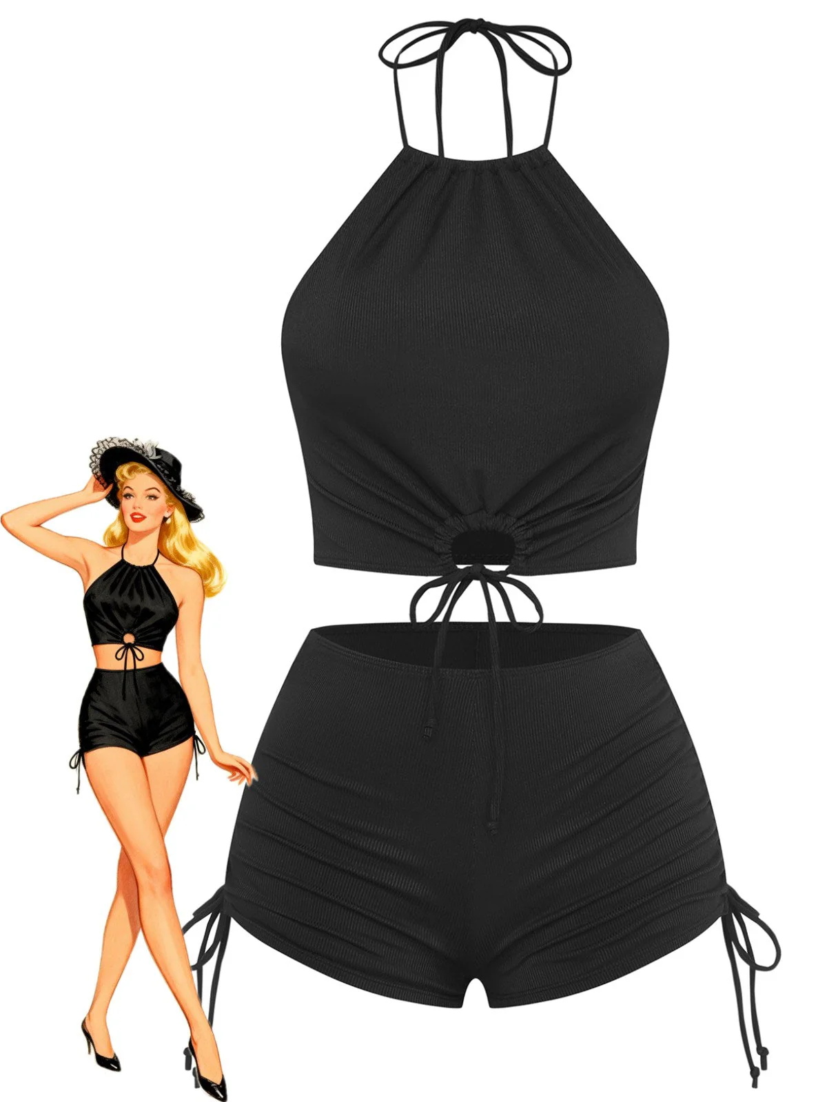 Schwarz 1960er Uni Halter Gerafft Bikini Set