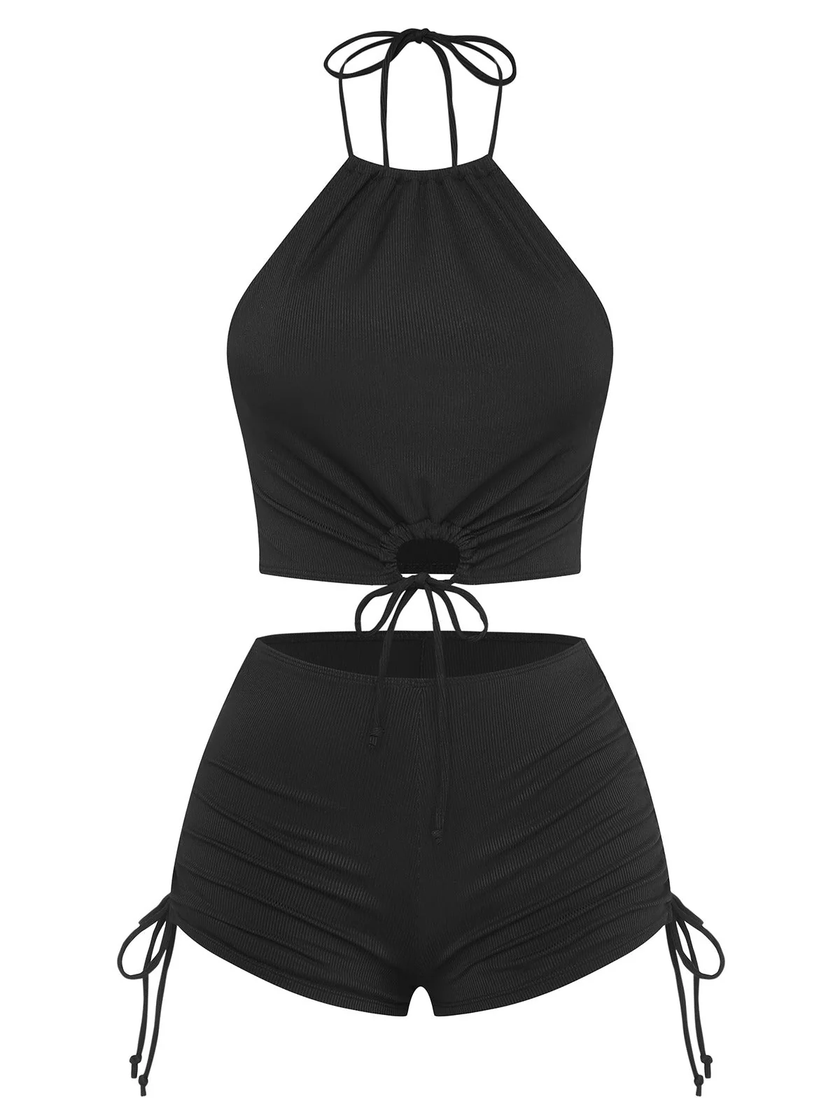 Schwarz 1960er Uni Halter Gerafft Bikini Set - Image 2