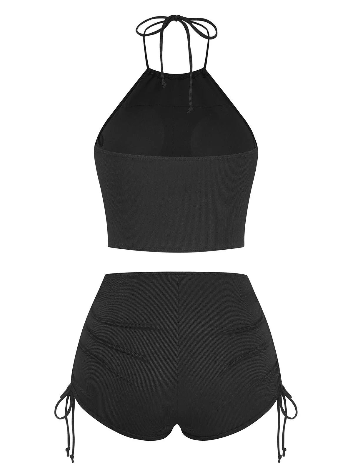 Schwarz 1960er Uni Halter Gerafft Bikini Set - Image 3