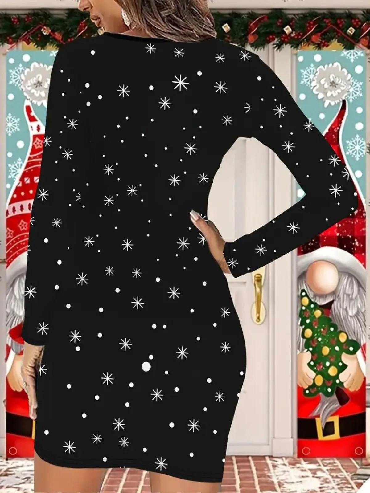 Schwarz 1960er Santa Schneemann Stricken Kleid - Image 4