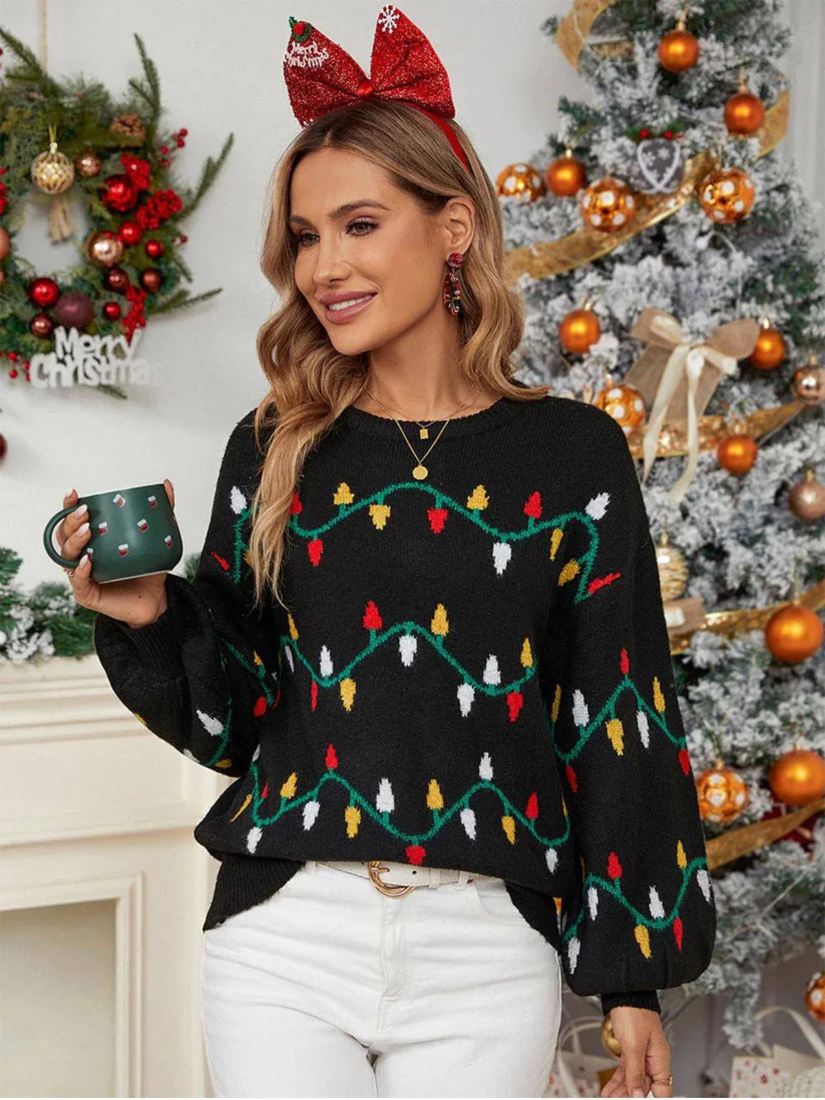 Schwarz 1960er Weihnachten Lichter Stricken Pullover - Image 3