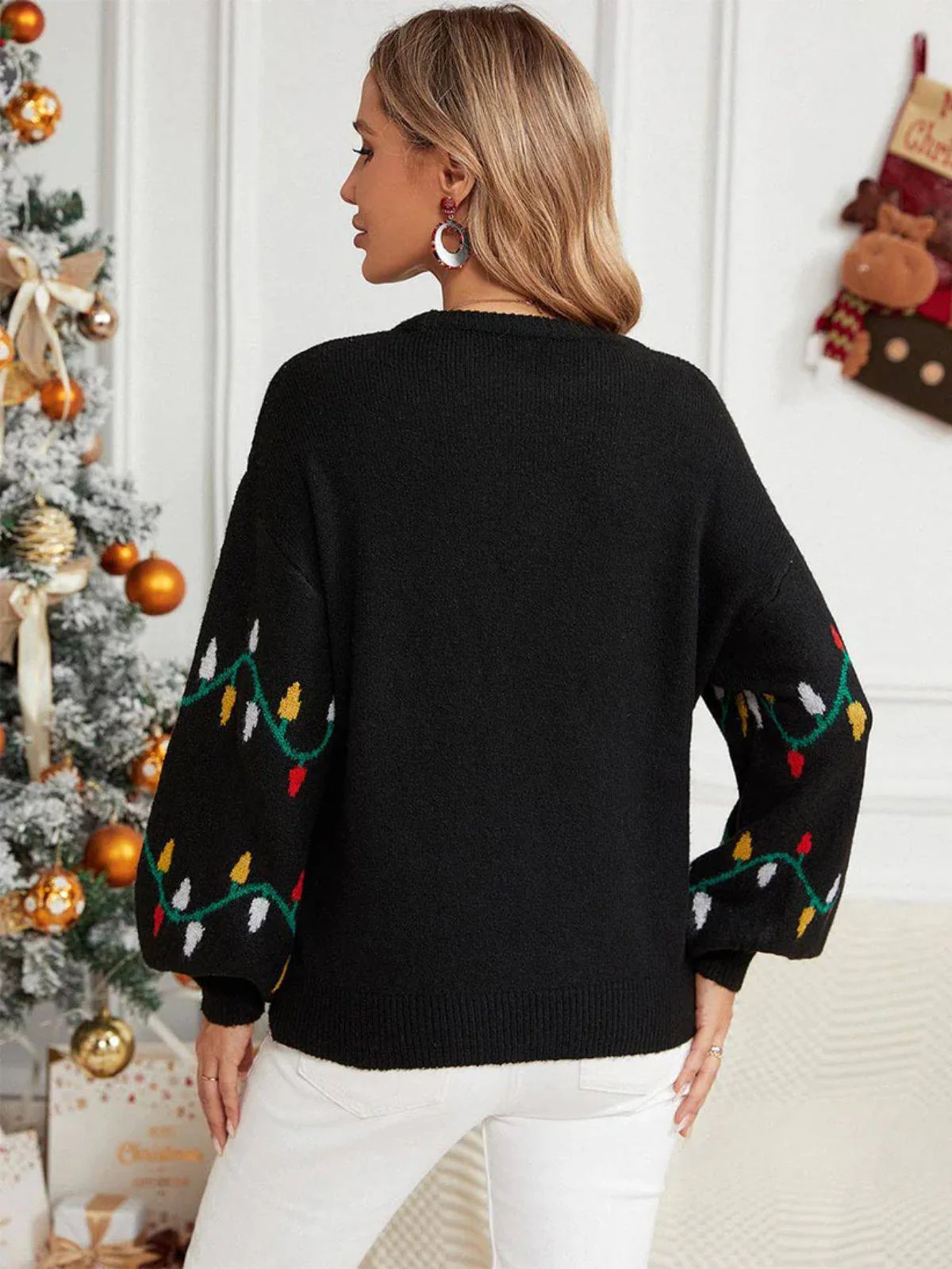 Schwarz 1960er Weihnachten Lichter Stricken Pullover - Image 5