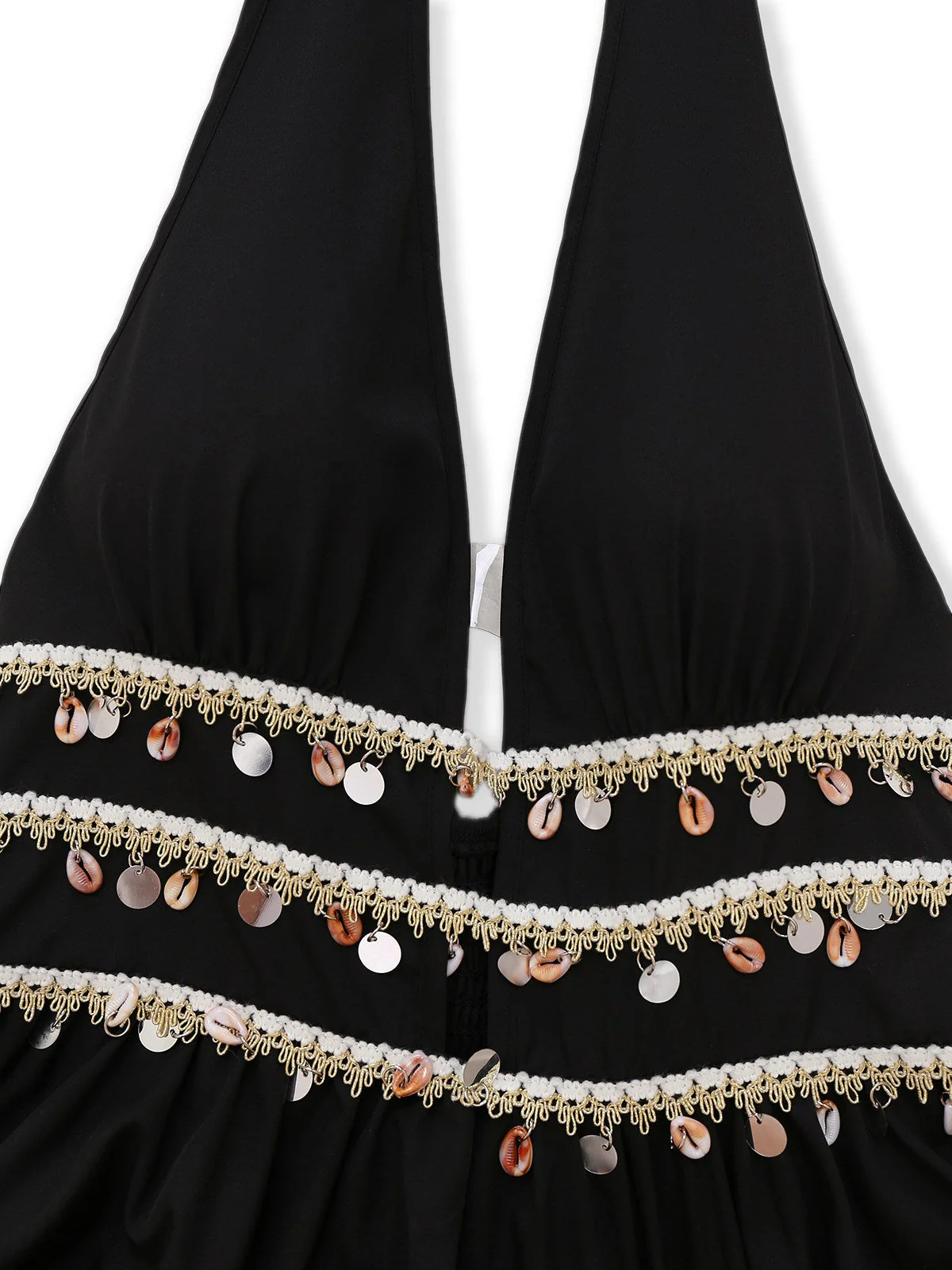 Schwarz 1970er Bohemien Hülse Randbereich Gesmokt Kleid - Image 3