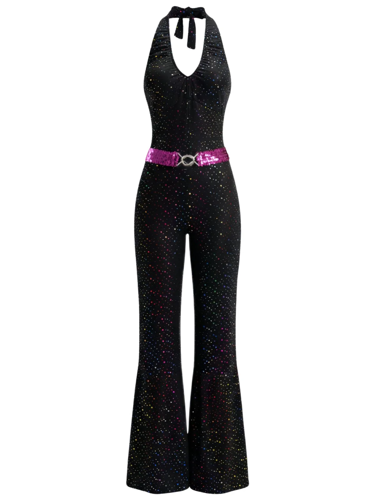 Schwarz 1970er Disco Pailletten Halter Ausgestellt Jumpsuit - Image 2