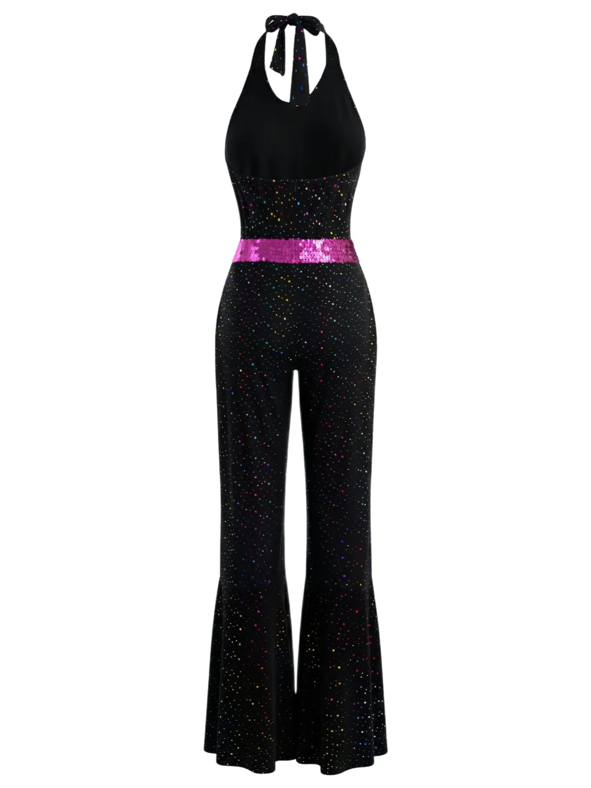 Schwarz 1970er Disco Pailletten Halter Ausgestellt Jumpsuit - Image 3