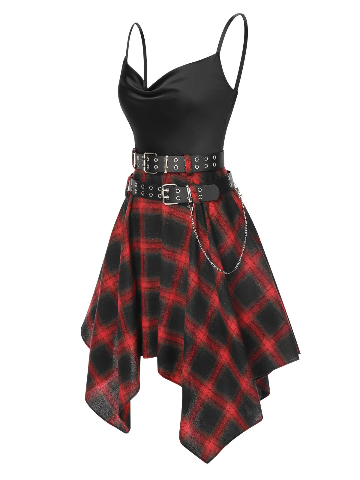 Schwarz 1970er Gingham Plaid Schaukelkragen Kleid - Image 4