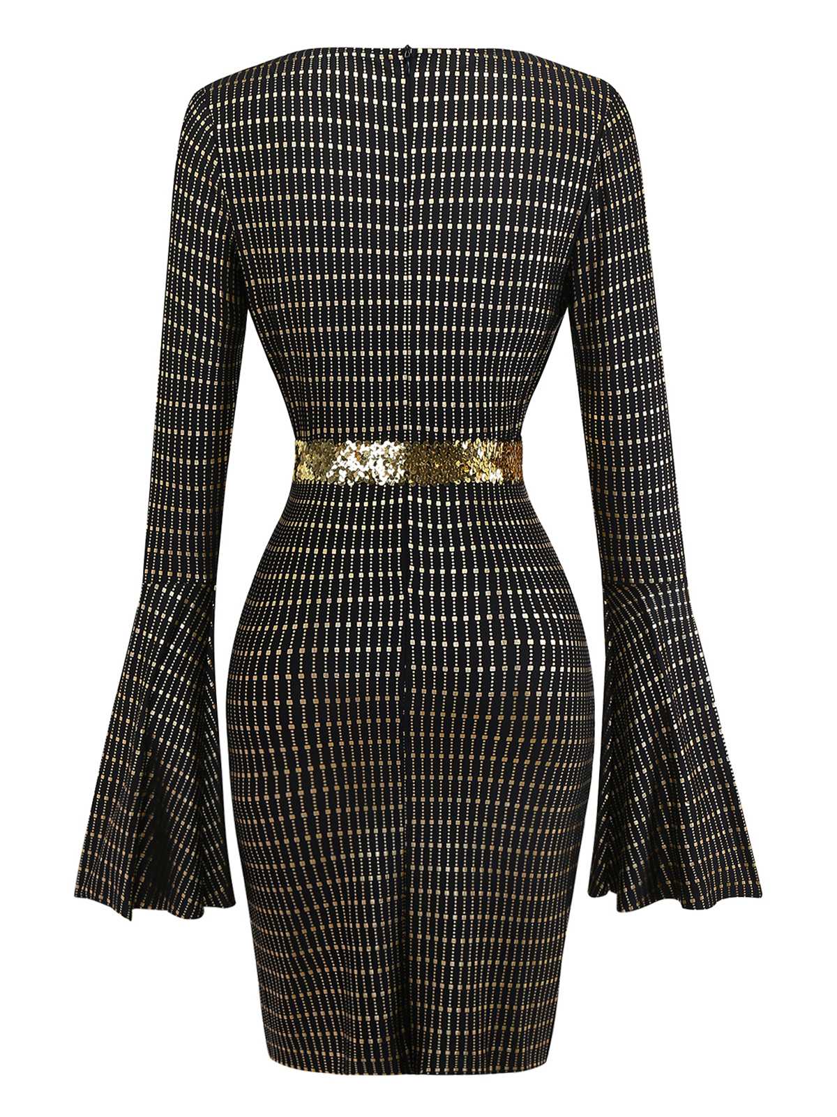 Schwarz 1970er Glockenärmel Sheer Gürtel Disco Kleid - Image 2
