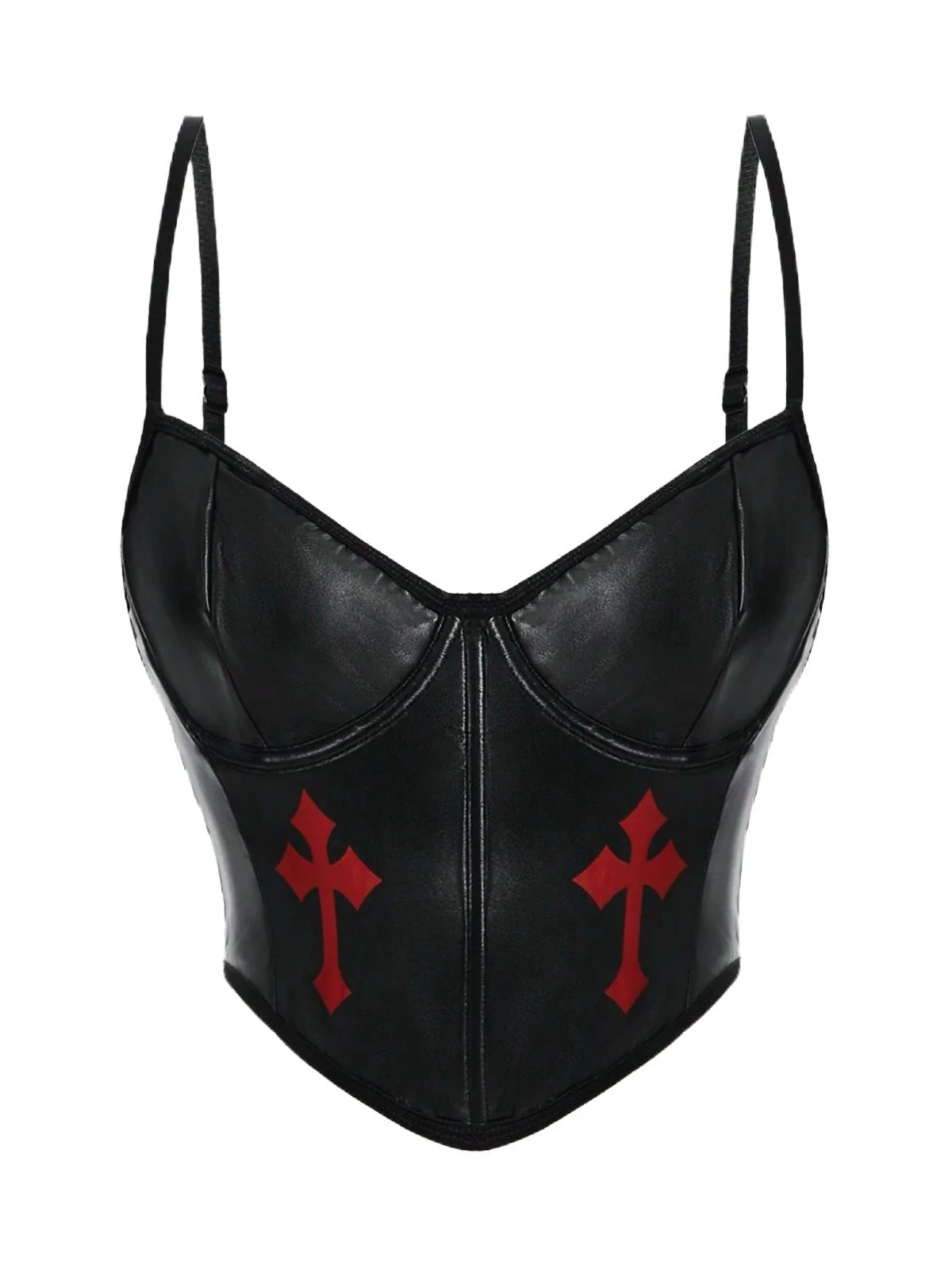 Schwarz 1970er Gothic Kreuzen Kunstleder Cami Top