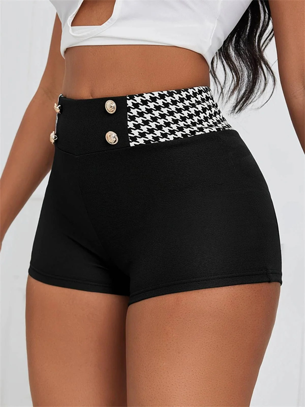 Schwarz 1970er Hahnentritt Patchwork Enge Shorts - Image 2