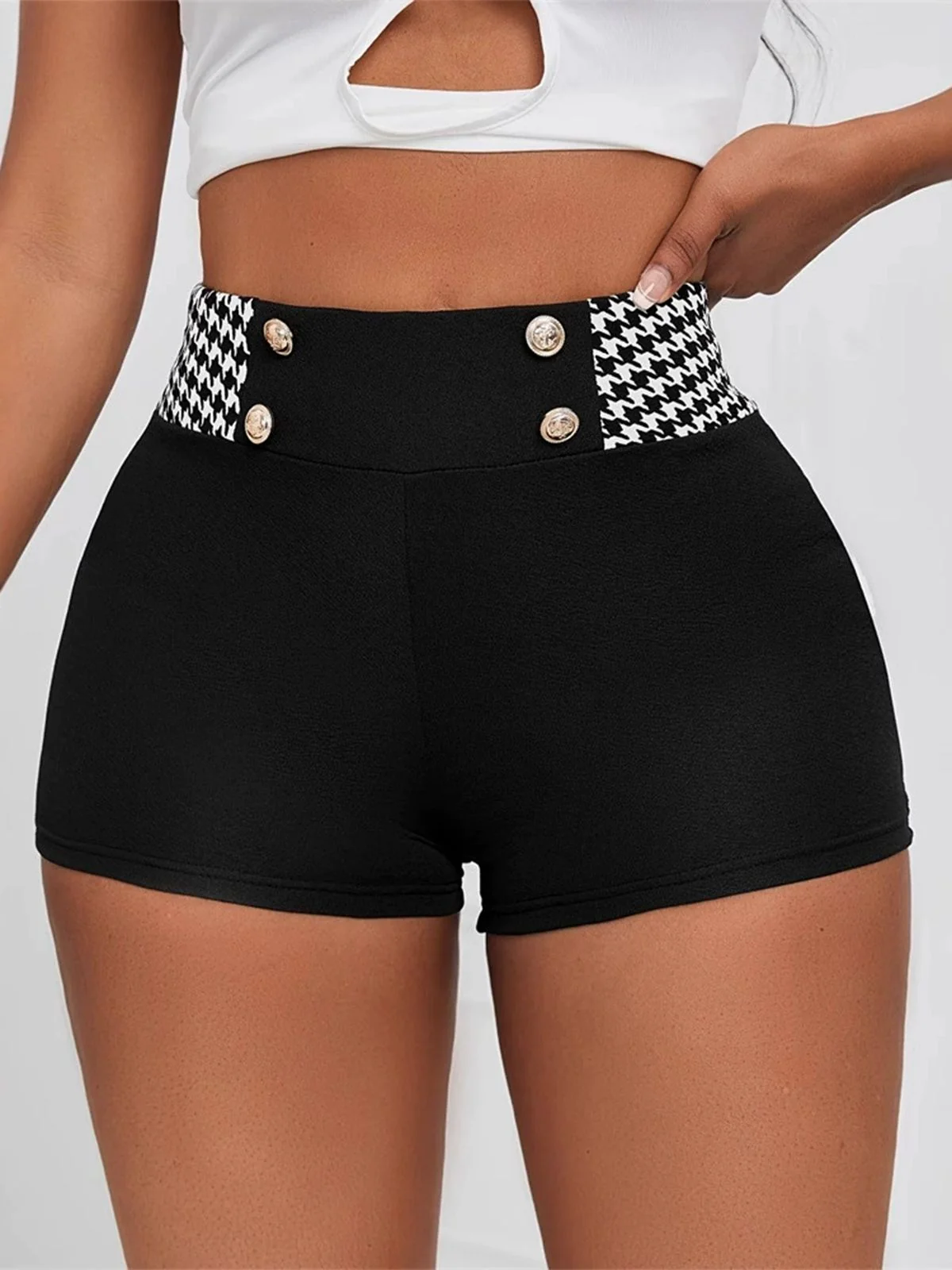 Schwarz 1970er Hahnentritt Patchwork Enge Shorts - Image 3