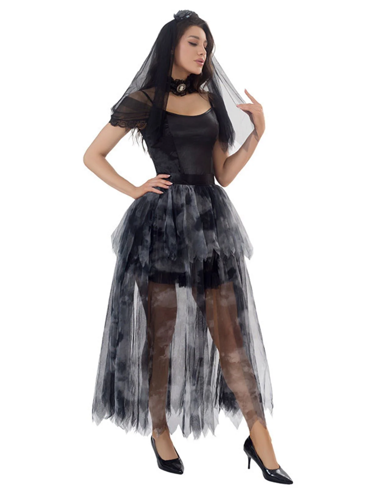 Schwarz 1970er Halloween Geisterbraut Tüll Kleid Set - Image 2